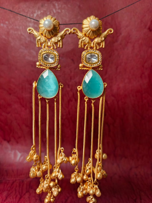 Handcrafted Elephant and Aqua Stone Brass Earrings