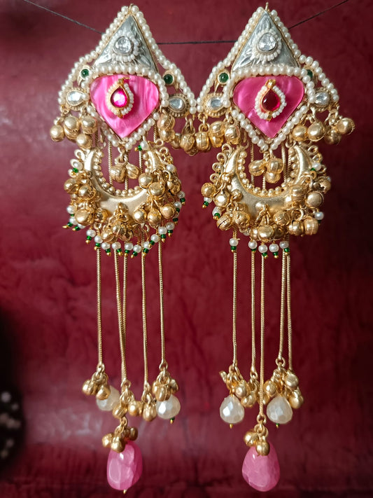 Regal Brass Gold-Plated Chandbali Jhumka Earrings with Pearls and Meenakari