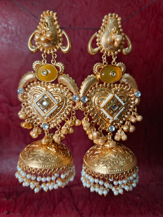 Majestic Gold-Plated Brass Heart-Kundan Jhumka Earrings