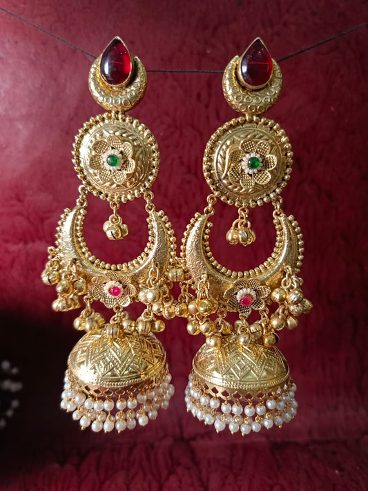 Traditional Gold Plated Brass Chandbali Jhumka Earrings