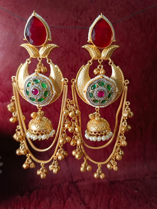 Regal Tiered Brass Chandbali Jhumkas with Dangle Chains