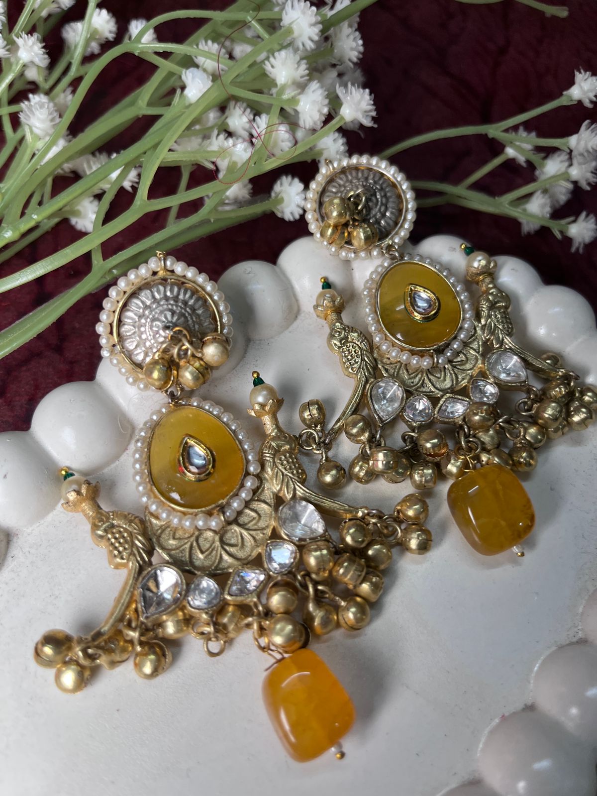 Ethnic Bridal Brass Jhumki with Yellow/Red Stone and Pearl Detailing