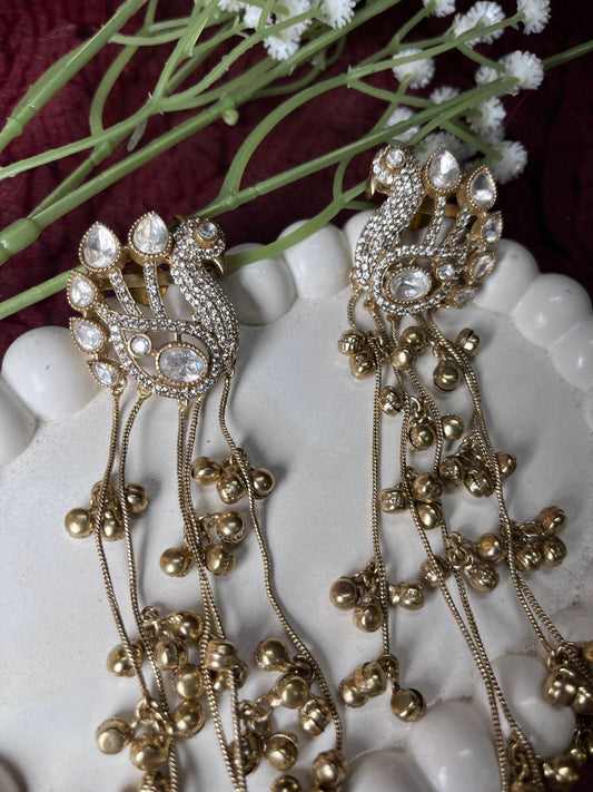 Dazzling Peacock Stud & Gold Ghungroo Chain Waterfall Earrings