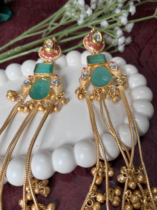 Emerald Green Kundan & Polki Style Brass Chain Earrings