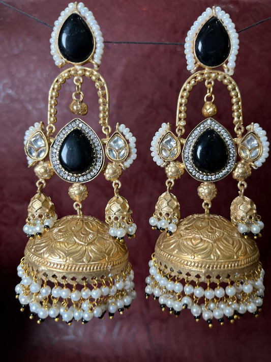 Black Stone and Pearl Jhumka Earrings