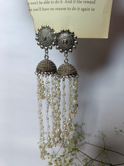 Oxidized Jhumka Earrings with Pearl Tassels
