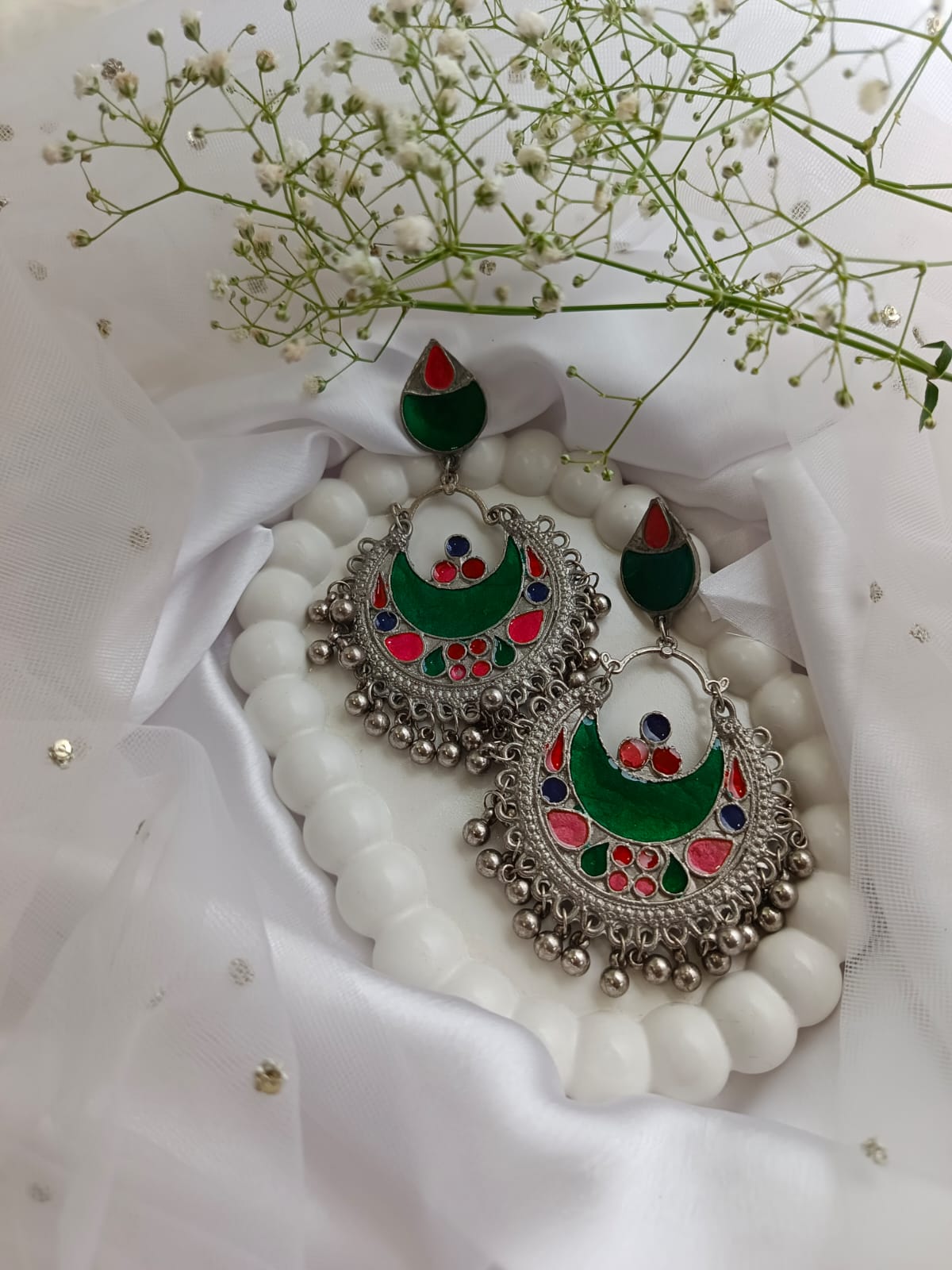 Colorful Meenakari Jhumka Earrings in Oxidized Silver