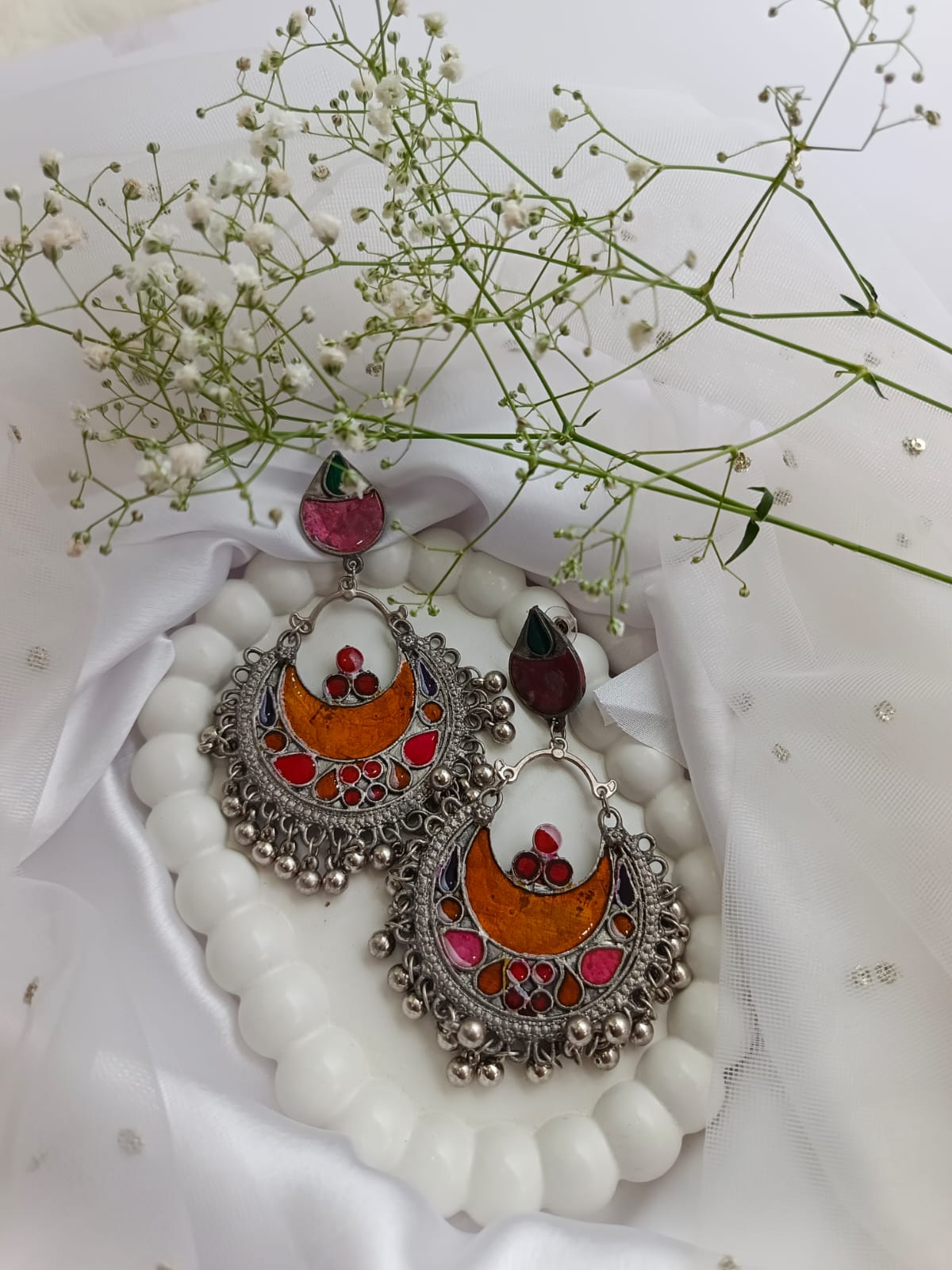 Colorful Meenakari Jhumka Earrings in Oxidized Silver