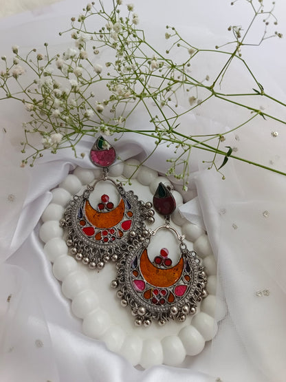 Colorful Meenakari Jhumka Earrings in Oxidized Silver
