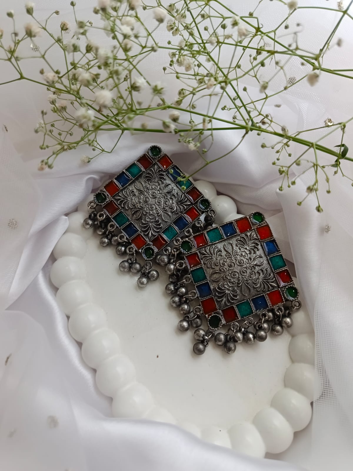 Title: Striking Oxidized Silver Square Earrings with Black Enamel