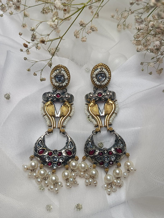 Regal Oxidized Silver and Gold Bird Motif brass Earrings with Pearls