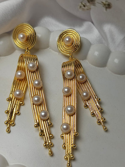 Statement Gold Ray Drop brass Earrings with Pearls
