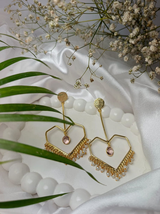 Geometric Heart-Shaped Dangle brass Earrings with Pearls