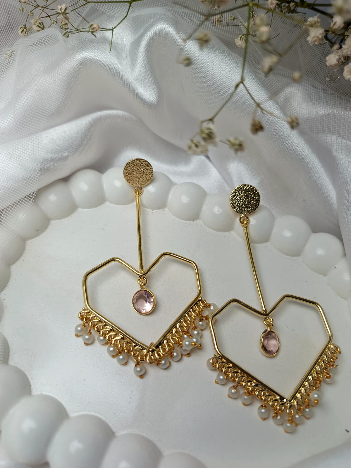 Geometric Heart-Shaped Dangle brass Earrings with Pearls