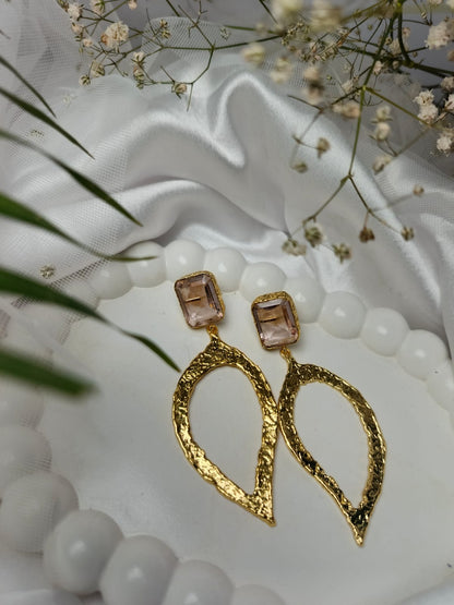 Textured Gold Leaf brass Earrings with Gemstone Studs