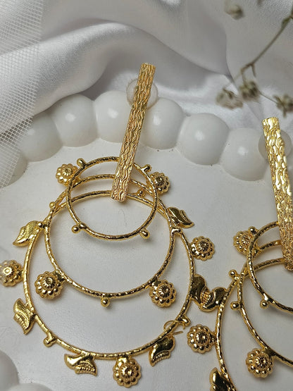 Elegant Gold Plated brass Earrings with Floral and Leaf Details