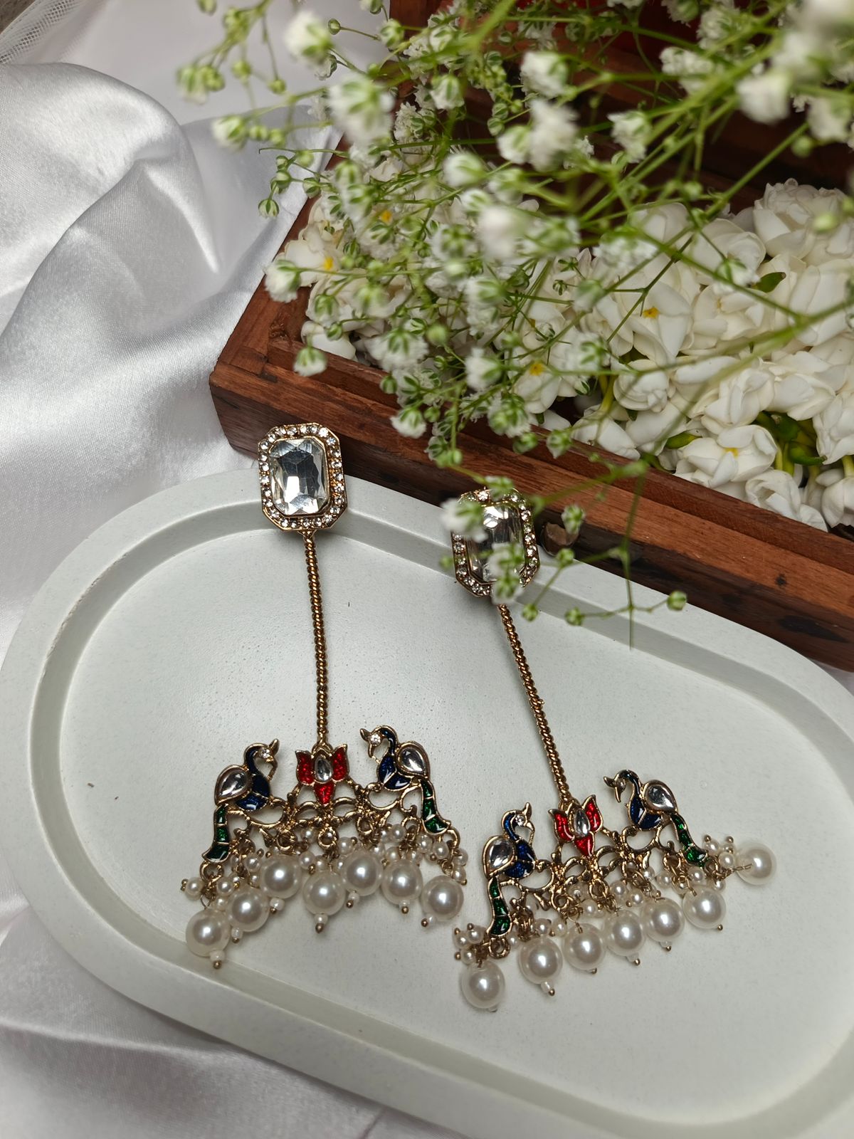 Elegant Gold Plated Chandbali Earrings with Pearl Drops and Peacock