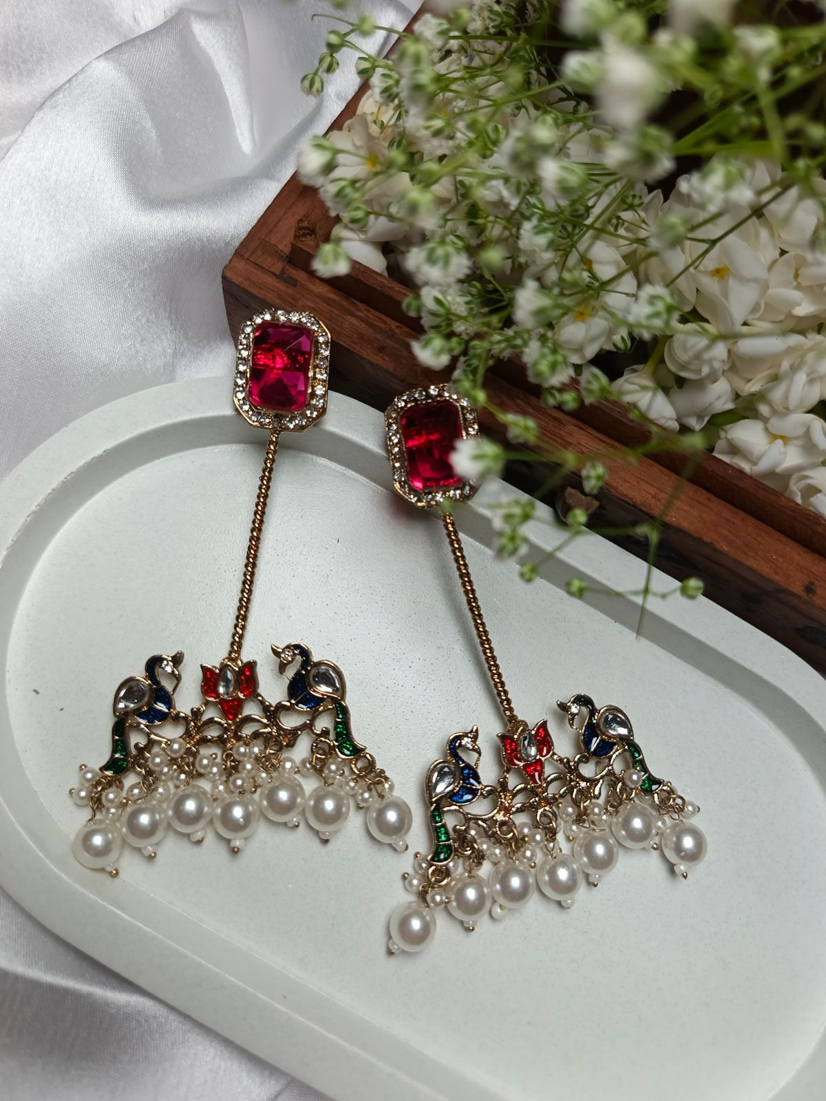 Elegant Gold Plated Chandbali Earrings with Pearl Drops and Peacock