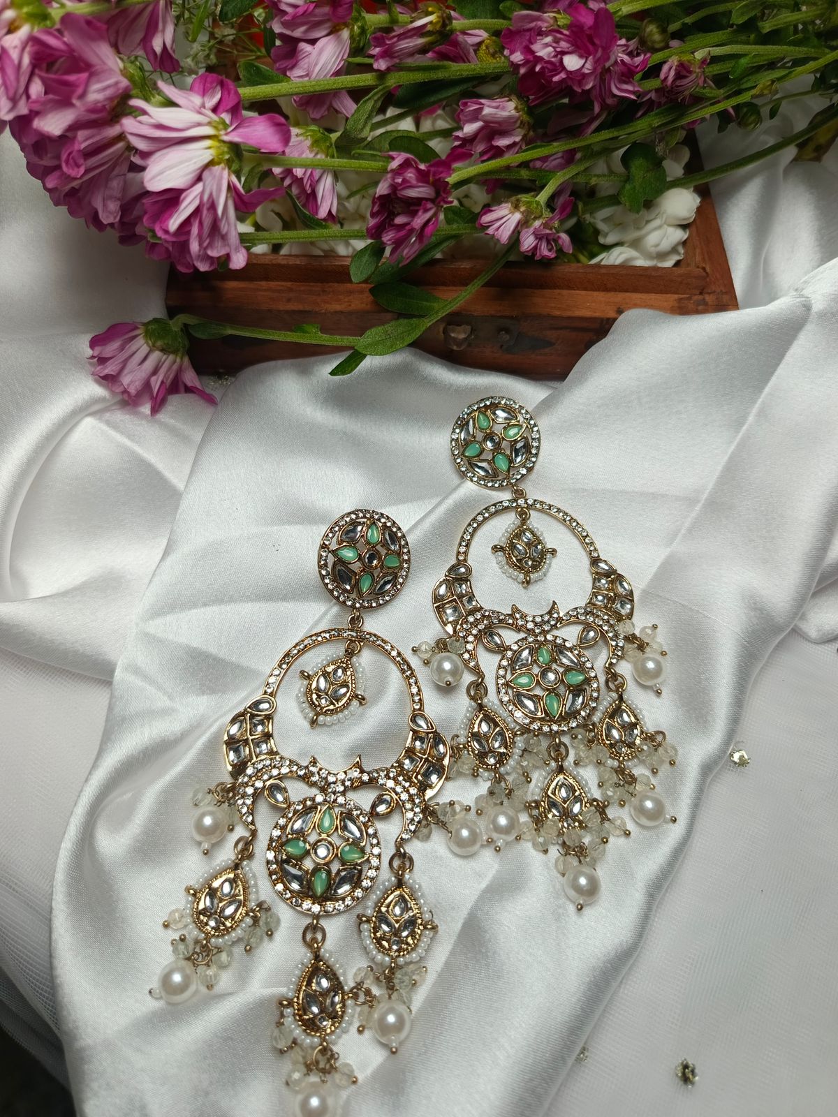 Exquisite Kundan & Emerald Green Stone Chandbali Earrings