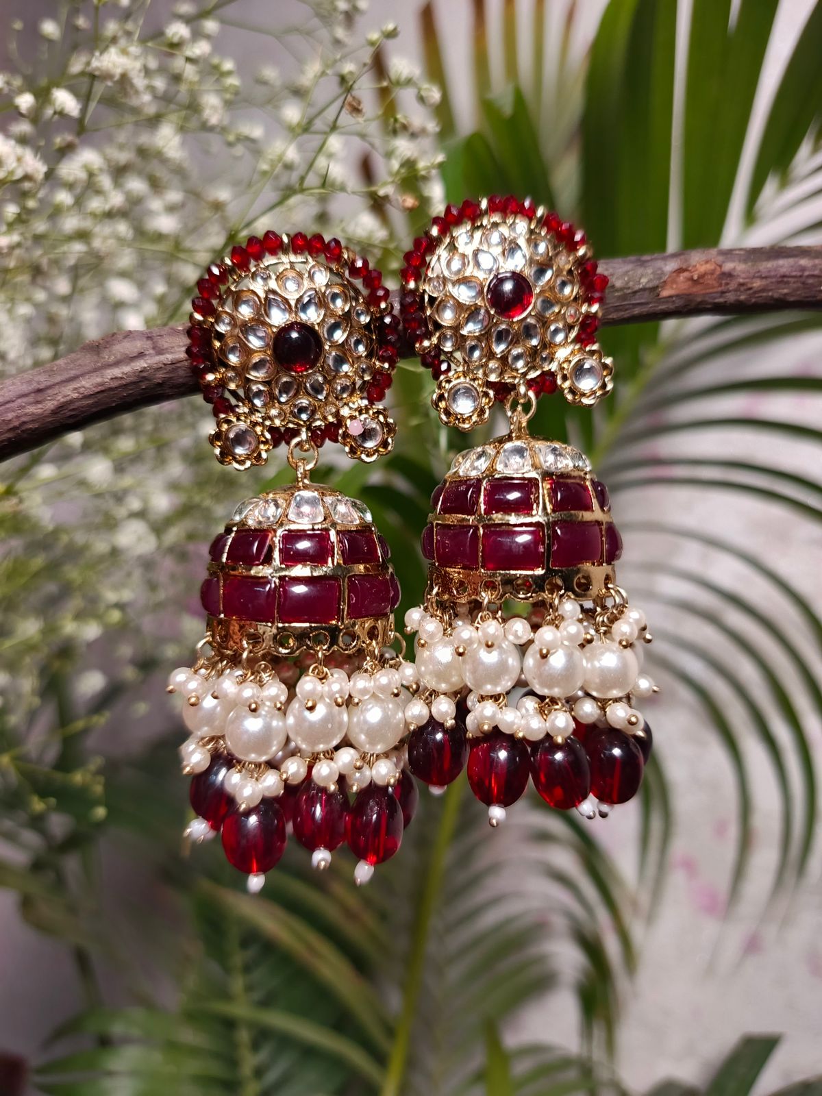 Regal Kundan & Meenakari Jhumkas with Red & Green Stones