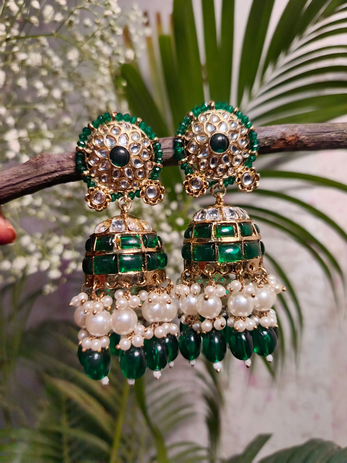Regal Kundan & Meenakari Jhumkas with Red & Green Stones