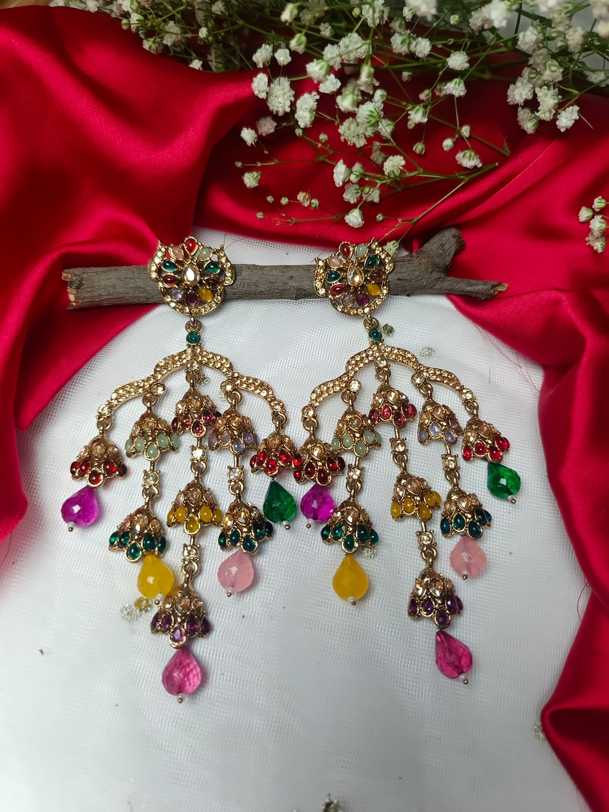 Exquisite Gold-Toned Polki and Mint Green Drop Earrings