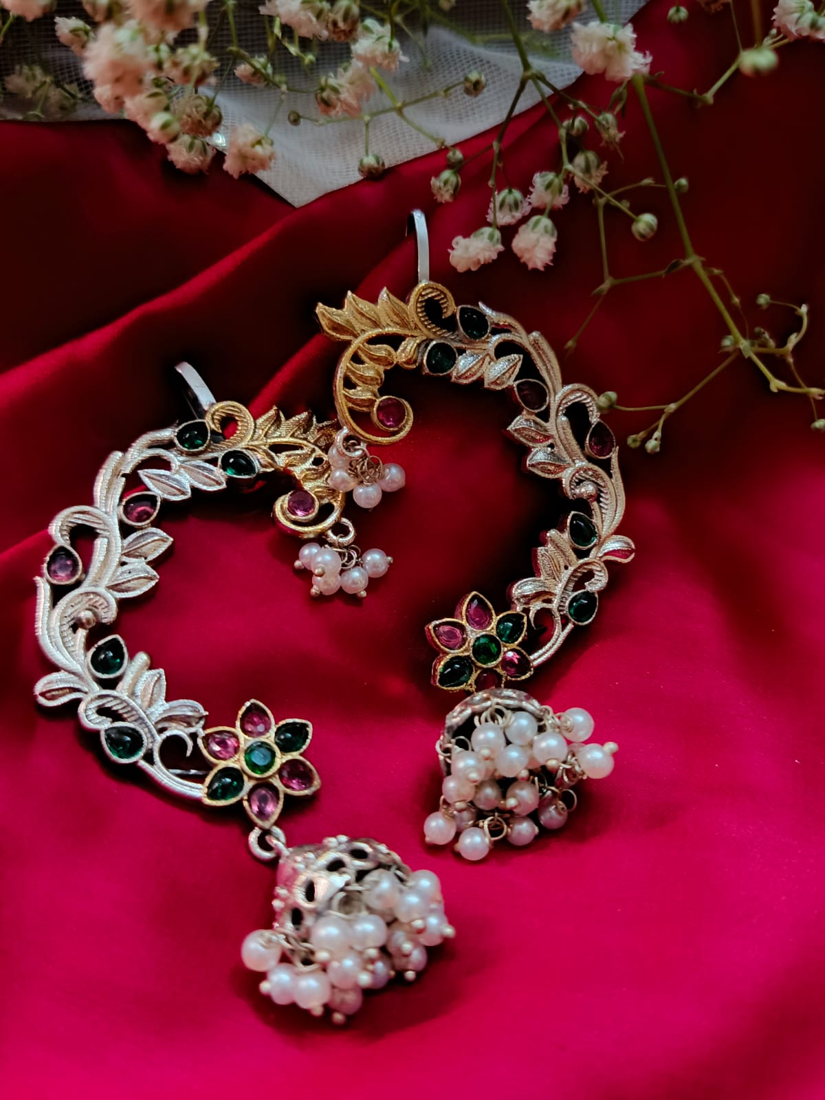 Dual-Tone German Silver and Gold Floral Earcuffs with Pearls and Monalisa Stones