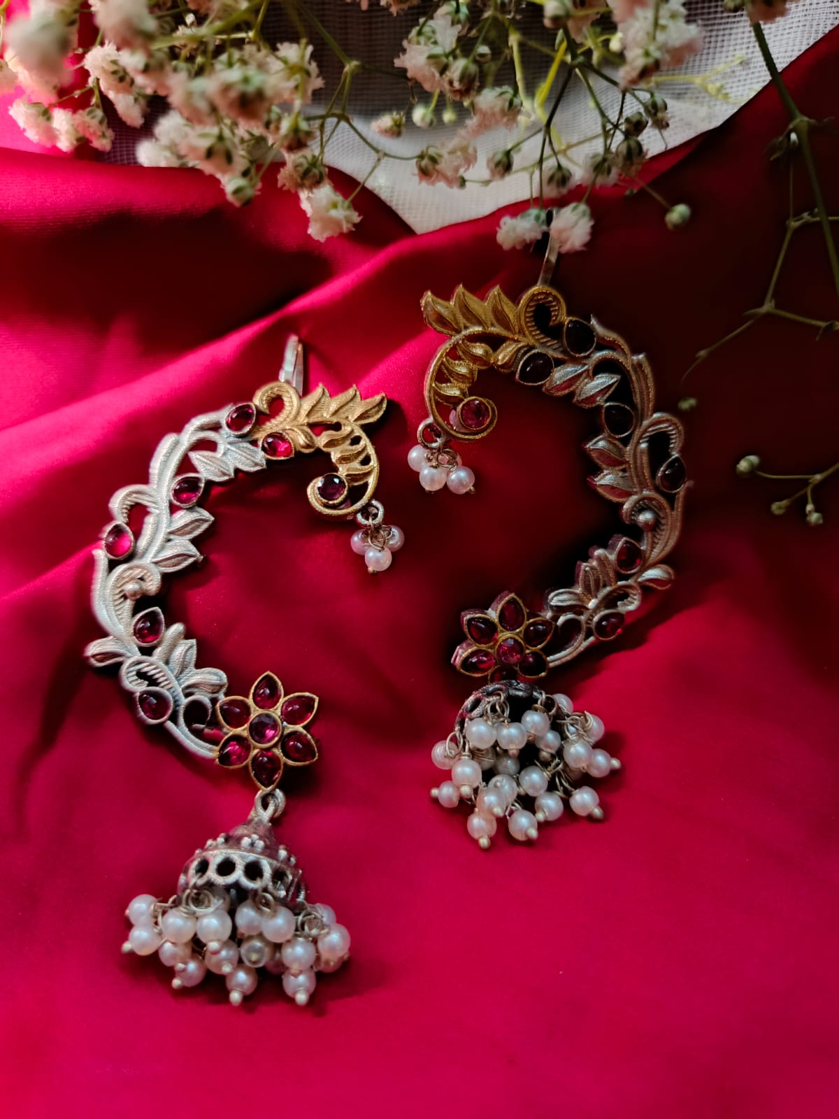 Dual-Tone German Silver and Gold Floral Earcuffs with Pearls and Monalisa Stones