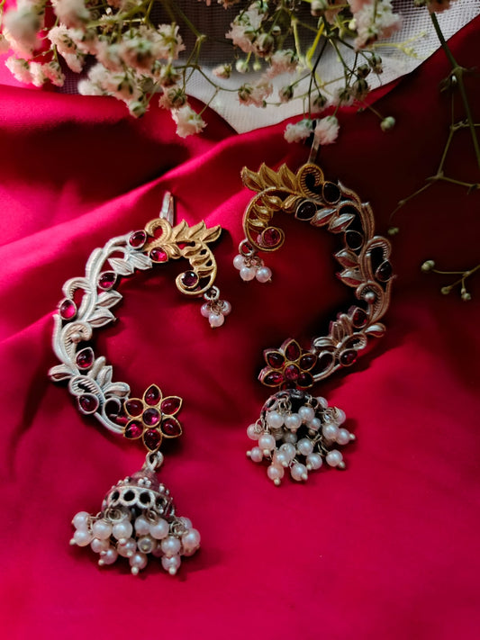 Dual-Tone German Silver and Gold Floral Earcuffs with Pearls and Monalisa Stones