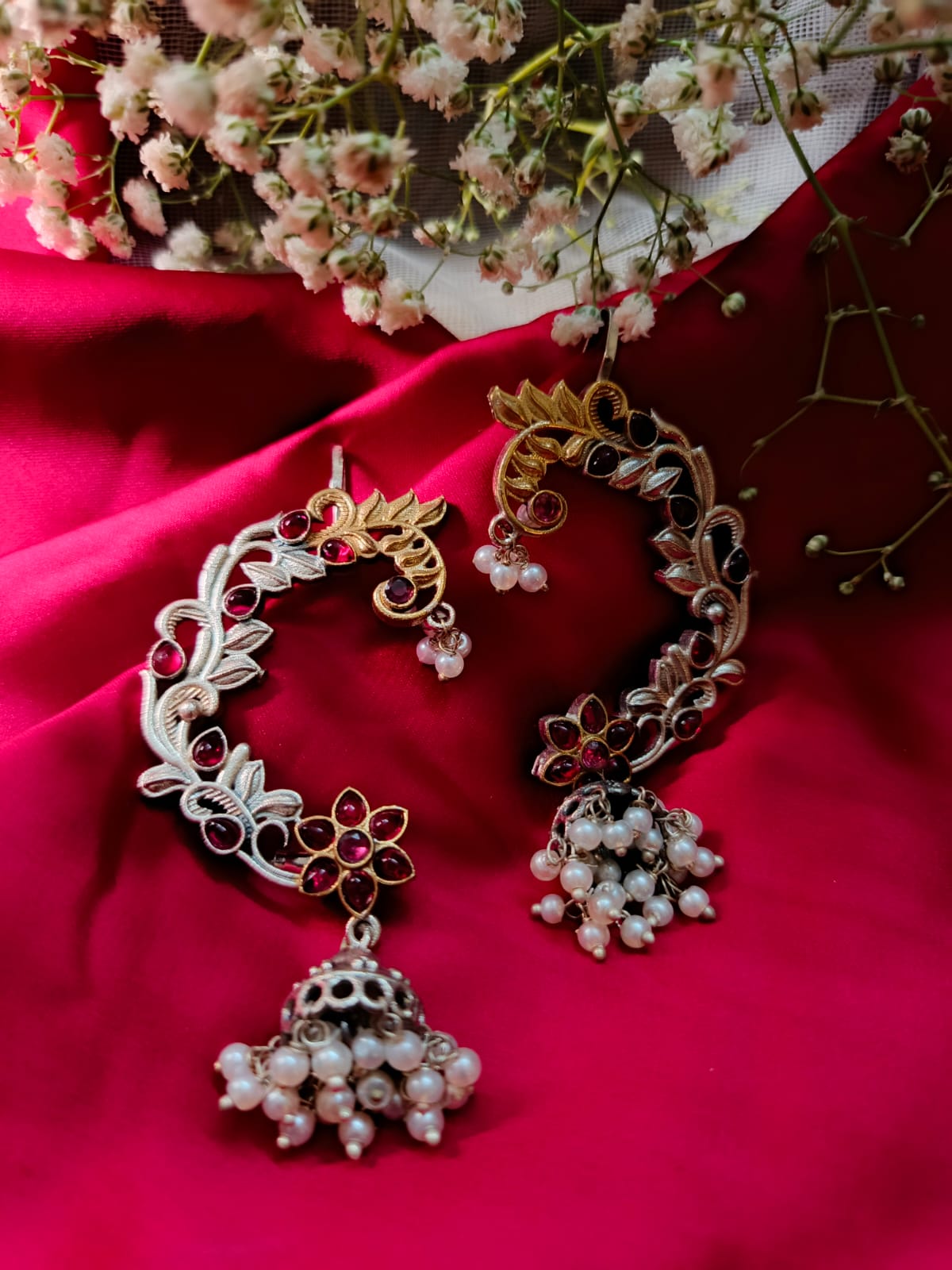 Dual-Tone German Silver and Gold Floral Earcuffs with Pearls and Monalisa Stones