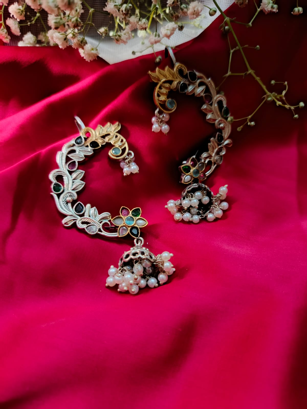 Dual-Tone German Silver and Gold Floral Earcuffs with Pearls and Monalisa Stones