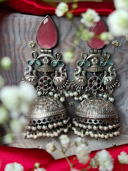 Brass Jhumka  with Red and pink Monalisa Stone and Peacock Motif - Ethnic Indian Jewelry