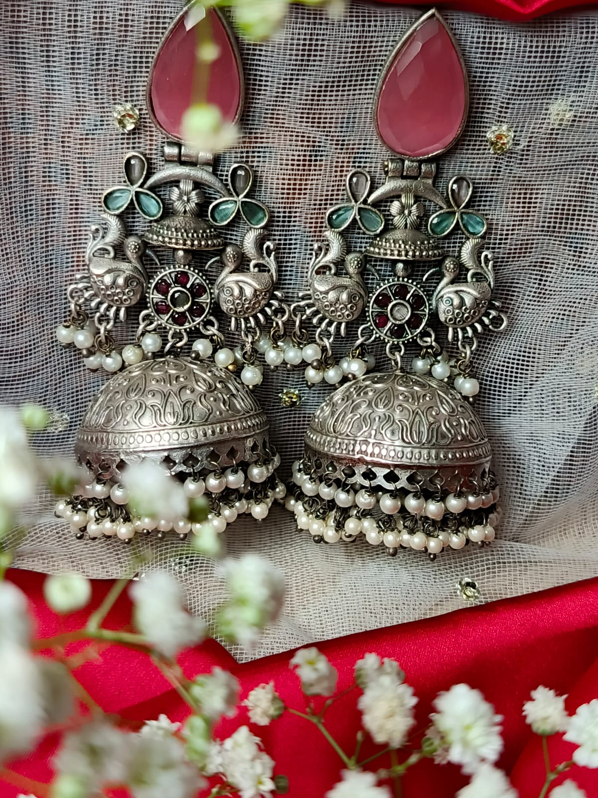 Brass Jhumka  with Red and pink Monalisa Stone and Peacock Motif - Ethnic Indian Jewelry