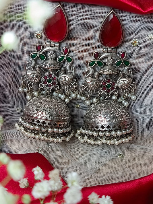 Brass Jhumka  with Red and pink Monalisa Stone and Peacock Motif - Ethnic Indian Jewelry