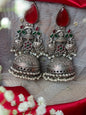 Brass Jhumka  with Red and pink Monalisa Stone and Peacock Motif - Ethnic Indian Jewelry