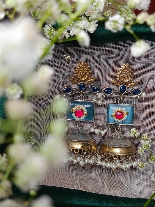 Exquisite Handcrafted brass Jhumkas with Blue and Pink Accents - Perfect for Festive & Ethnic Wear