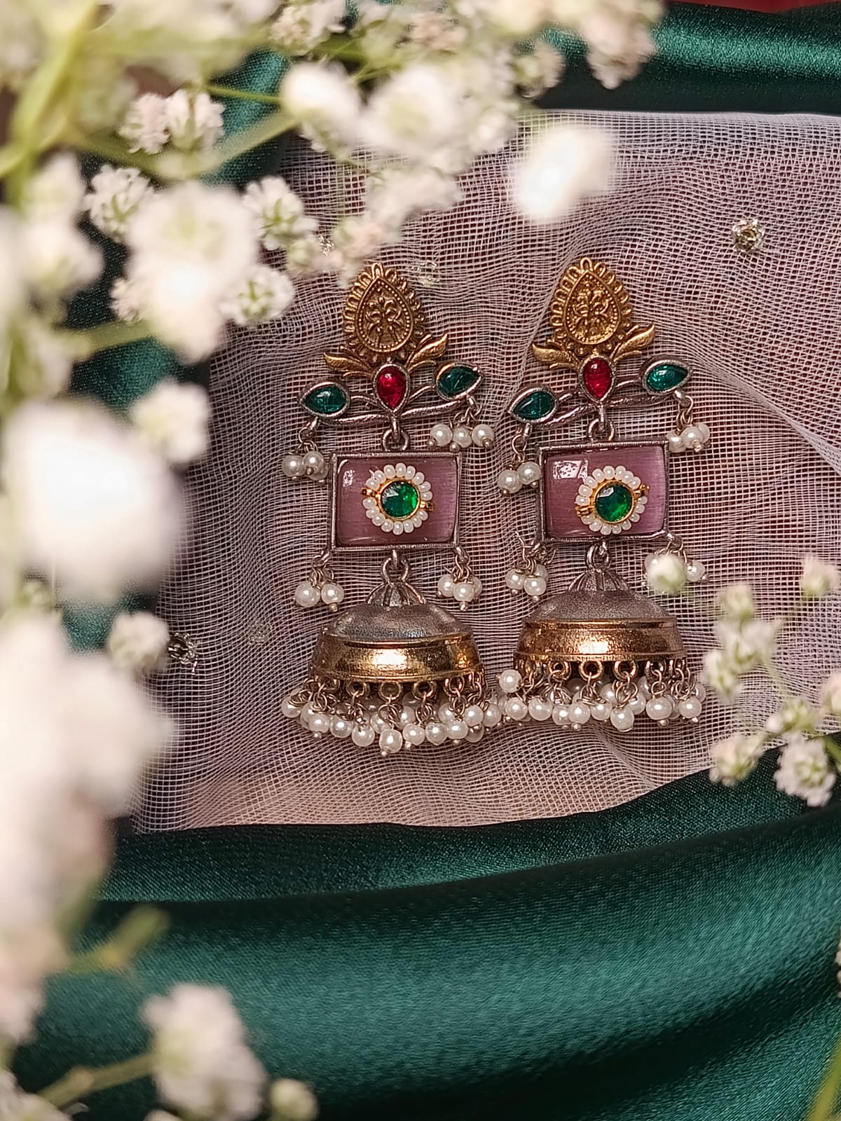 Exquisite Handcrafted brass Jhumkas with Blue and Pink Accents - Perfect for Festive & Ethnic Wear