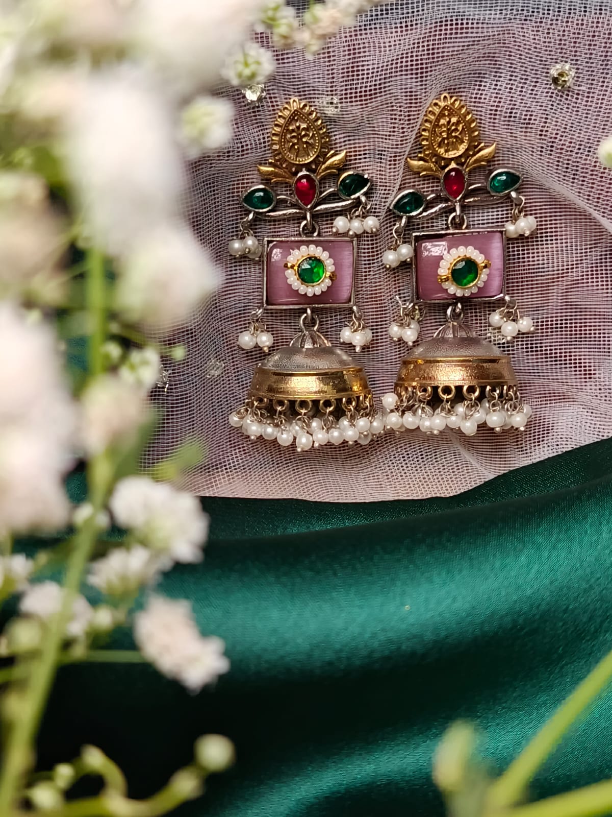 Exquisite Handcrafted brass Jhumkas with Blue and Pink Accents - Perfect for Festive & Ethnic Wear