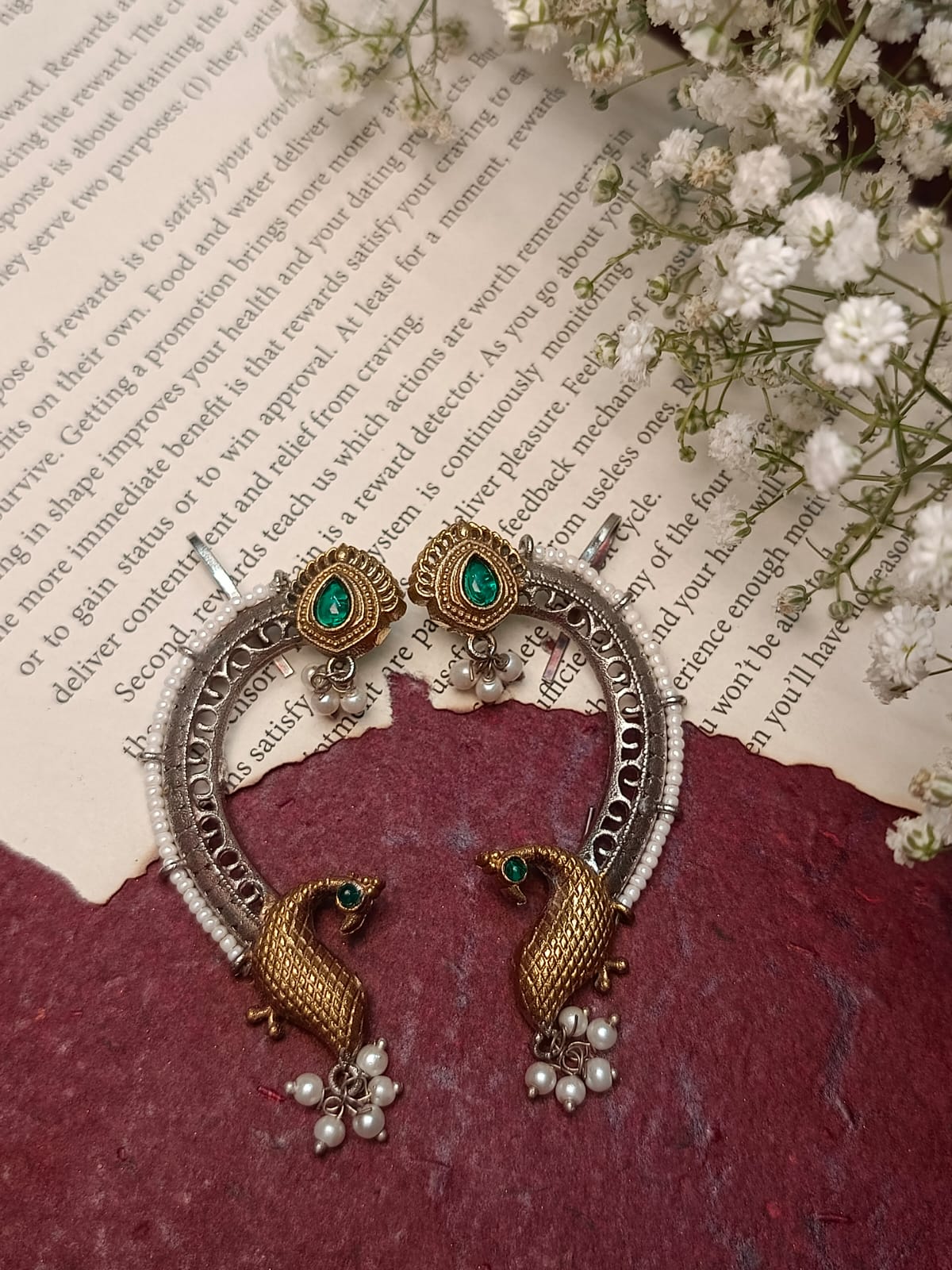 Exquisite Brass Peacock Ear Cuffs with Pearl Detailing