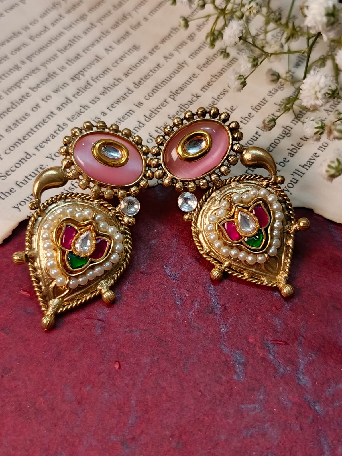 Stunning Brass Temple Jewelry Earrings with colour Stone & Pearl Embellishments
