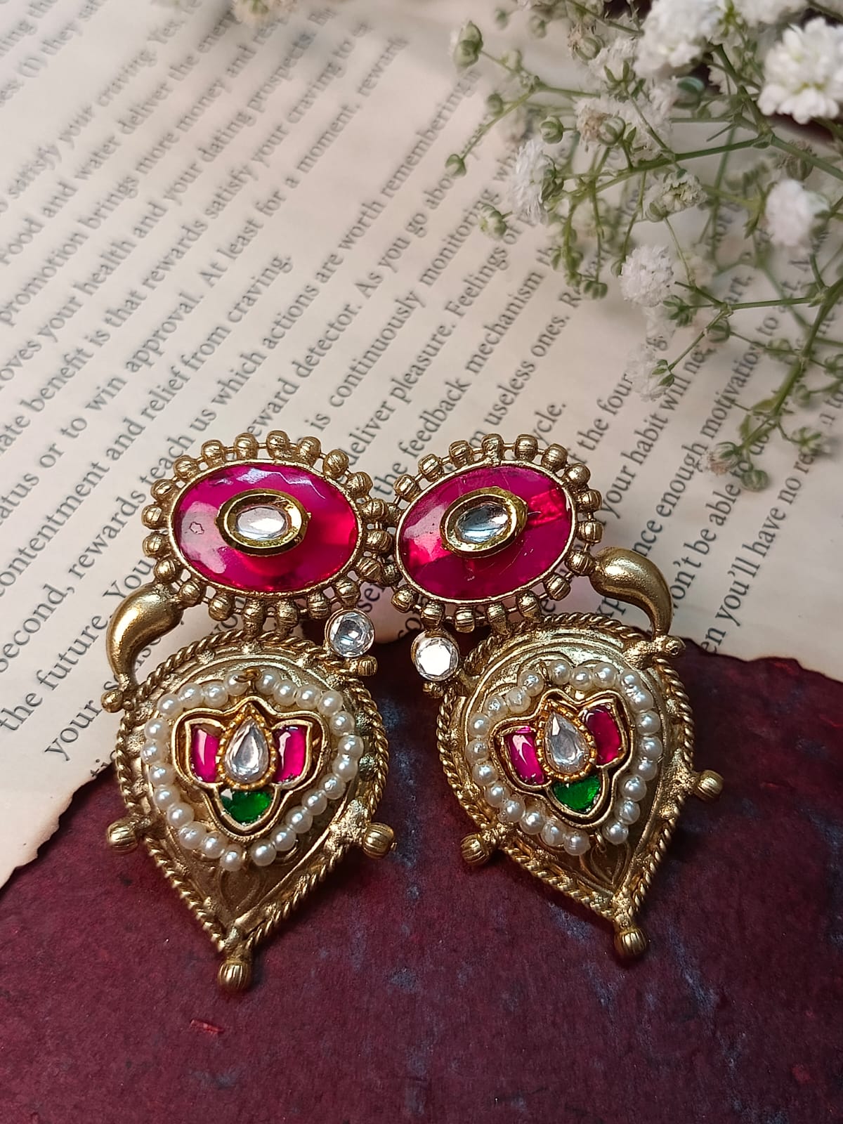 Stunning Brass Temple Jewelry Earrings with colour Stone & Pearl Embellishments