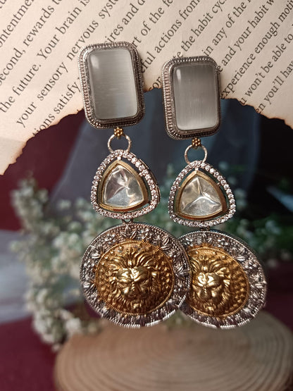 Regal German Silver and Brass Lion Head Premium Earrings with White Stone.