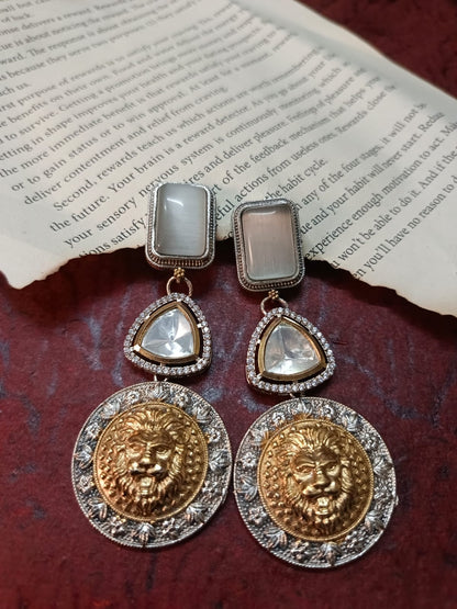 Regal German Silver and Brass Lion Head Premium Earrings with White Stone.