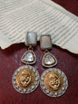 Regal German Silver and Brass Lion Head Premium Earrings with White Stone.
