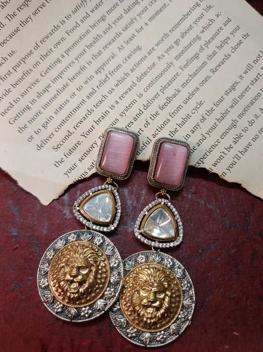 Regal German Silver and Brass Lion Head Premium Earrings with White Stone.