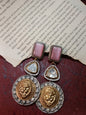 Regal German Silver and Brass Lion Head Premium Earrings with White Stone.