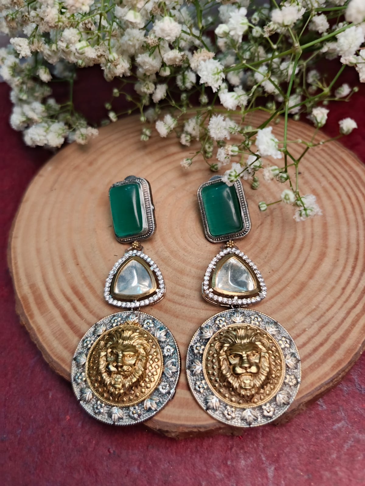 Regal German Silver and Brass Lion Head Premium Earrings with White Stone.