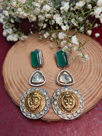 Regal German Silver and Brass Lion Head Premium Earrings with White Stone.