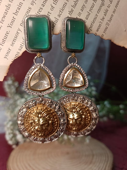 Regal German Silver and Brass Lion Head Premium Earrings with White Stone.