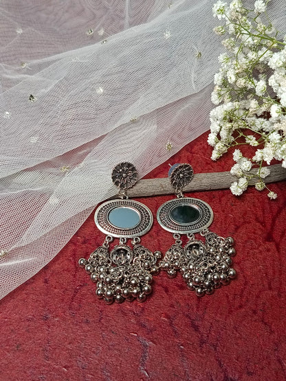 Oxidised Silver Mirror Jhumka Earrings with Ghoonghru and Floral Stud - Ethnic Indian Jewelry
